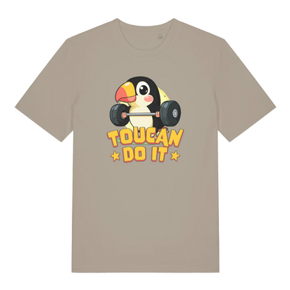 stone kawaii t-shirt with the graphic of a toucan lifting a dumbbell and the slogan 'toucan do it'
