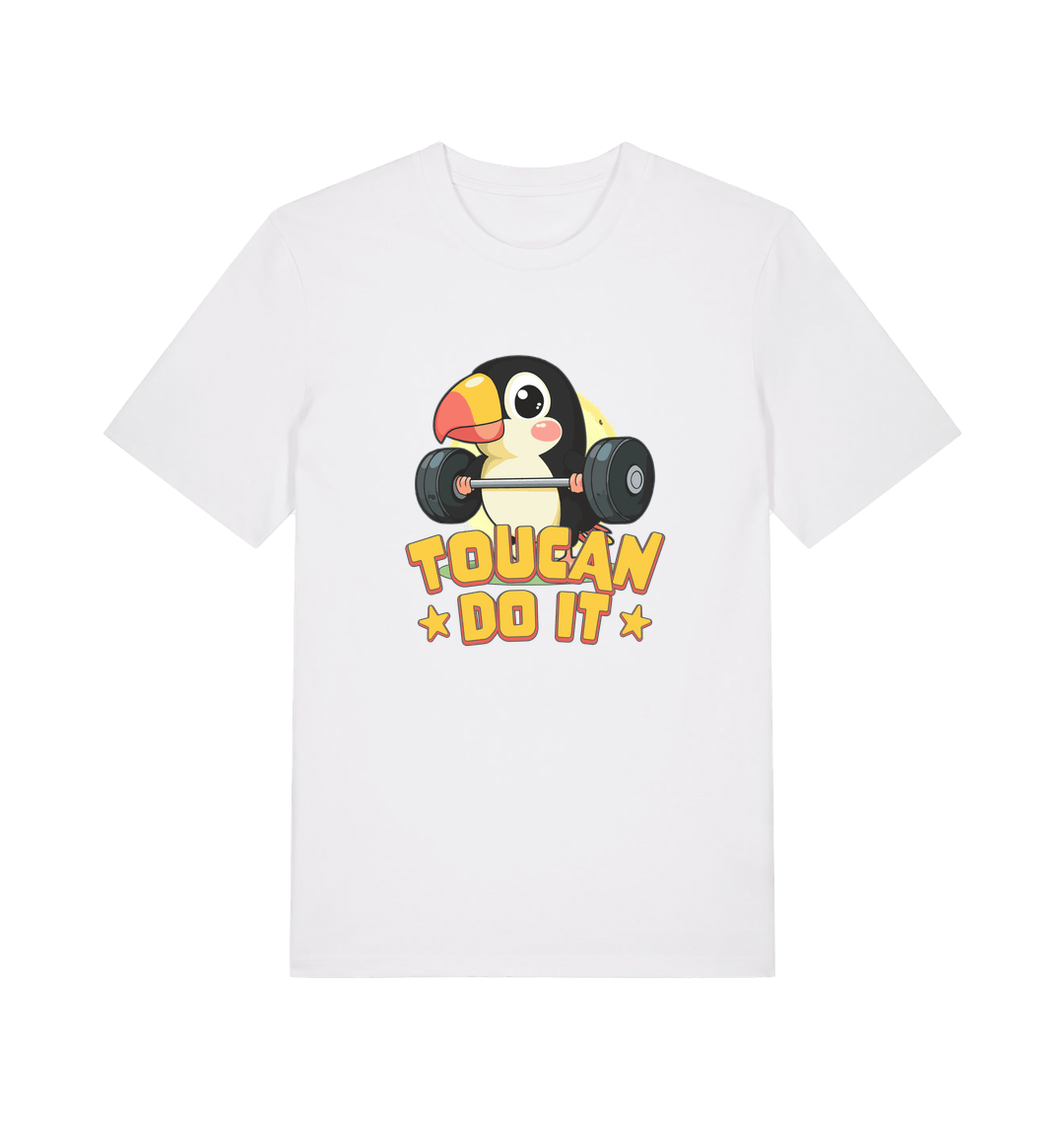 white kawaii t-shirt with the graphic of a toucan holding a barbell and the slogan 'toucan do it'