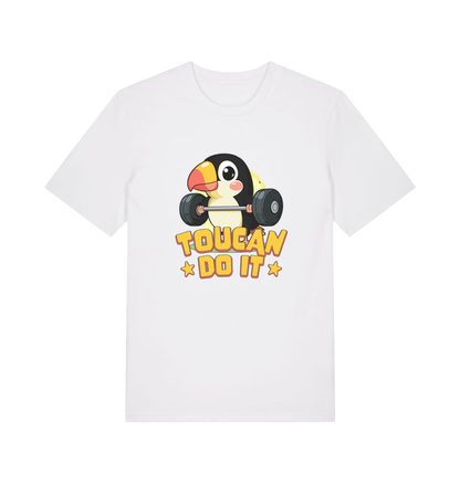 white kawaii t-shirt with the graphic of a toucan holding a barbell and the slogan 'toucan do it'