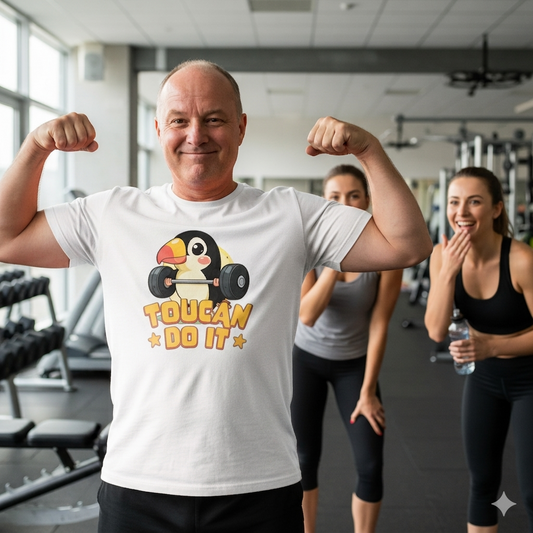 Man flexing muscles in a gym wearing a t-shirt with a cartoon penguin and text.