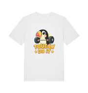 white kawaii t-shirt with the graphic of a toucan holding a barbell and the slogan 'toucan do it'