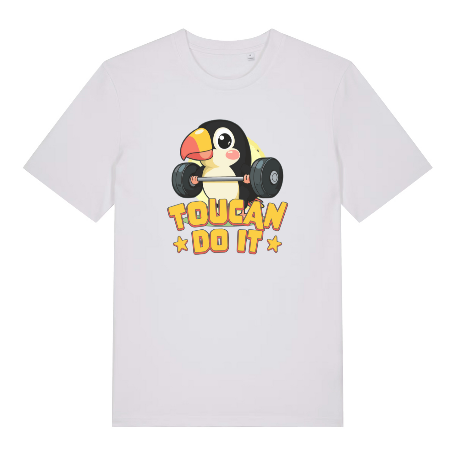 white kawaii t-shirt with the graphic of a toucan lifting a dumbbell and the slogan 'toucan do it'