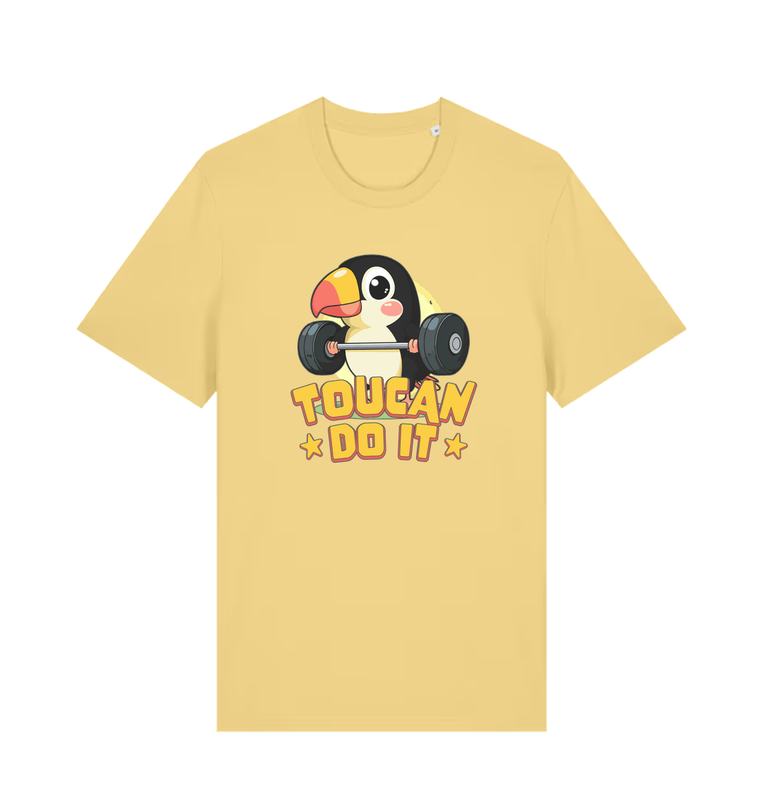 yellow kawaii t-shirt with the graphic of a toucan holding a barbell and the slogan 'toucan do it'