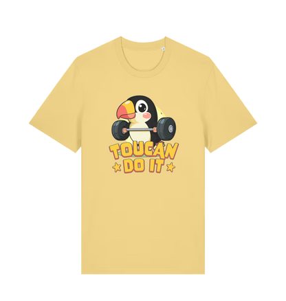 yellow kawaii t-shirt with the graphic of a toucan holding a barbell and the slogan 'toucan do it'