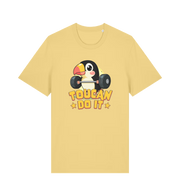yellow kawaii t-shirt with the graphic of a toucan holding a barbell and the slogan 'toucan do it'