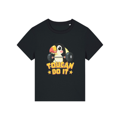 black kawaii t-shirt with the graphic of a toucan and the slogan 'toucan do it'