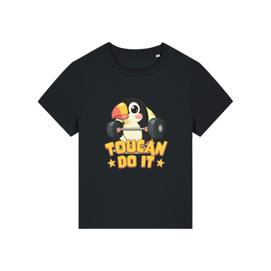 black kawaii t-shirt with the graphic of a toucan and the slogan 'toucan do it'