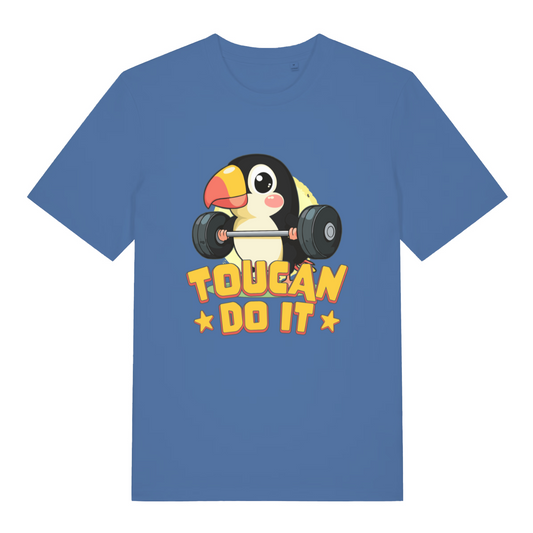 blue women's kawaii t-shirt with the graphic of a toucan lifting weights and the slogan 'toucan do it'