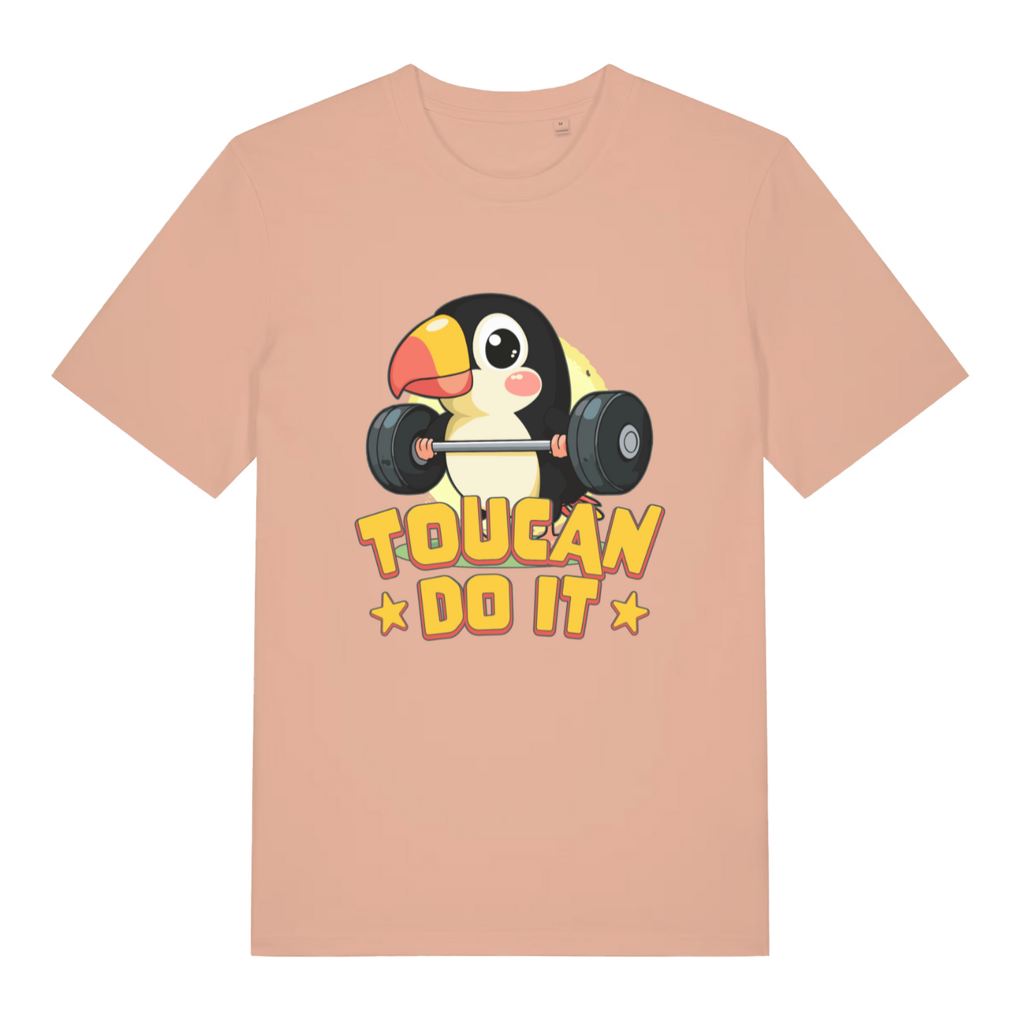 peach women's kawaii t-shirt with the graphic of a toucan lifting weights and the slogan 'toucan do it'