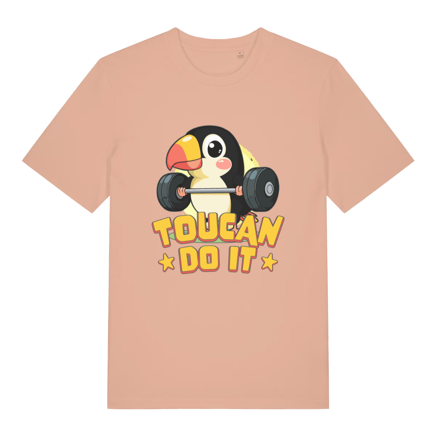 peach women's kawaii t-shirt with the graphic of a toucan lifting weights and the slogan 'toucan do it'