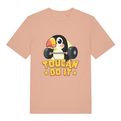peach women's kawaii t-shirt with the graphic of a toucan lifting weights and the slogan 'toucan do it'
