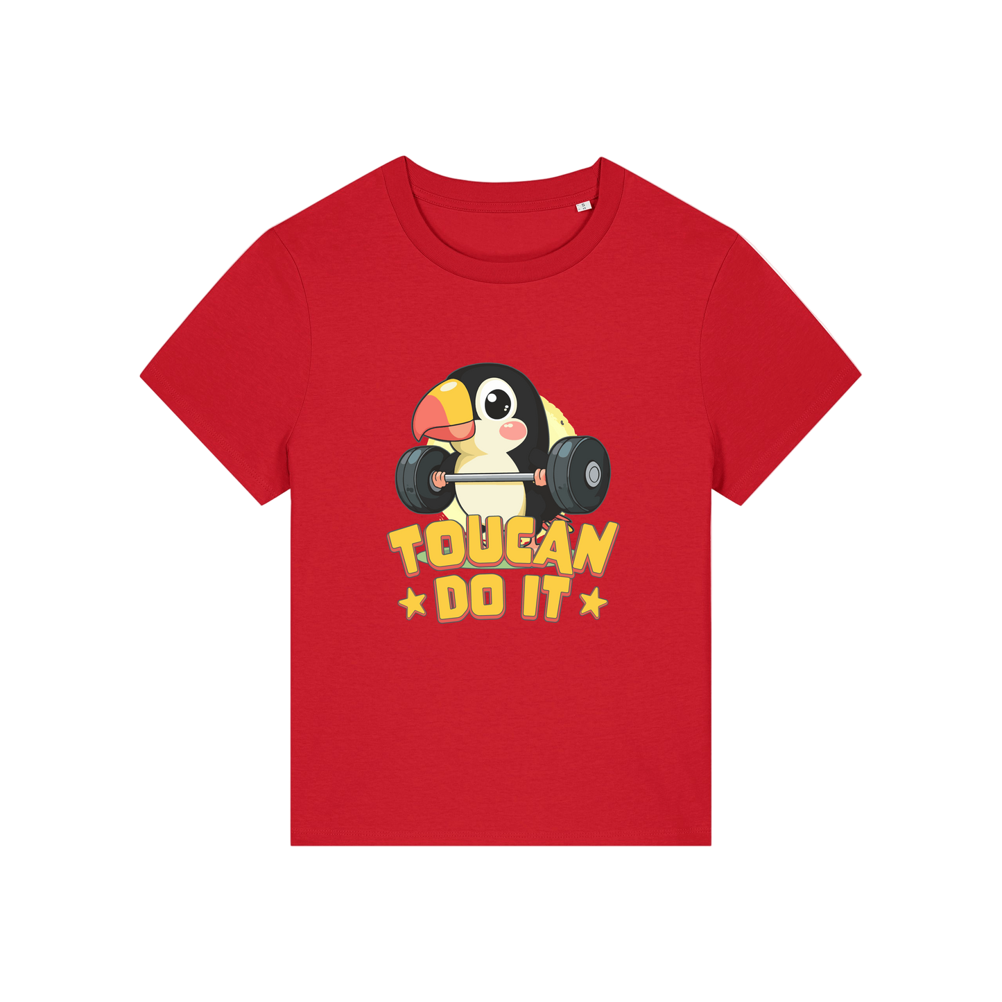 red kawaii t-shirt with the graphic of a toucan and the slogan 'toucan do it'