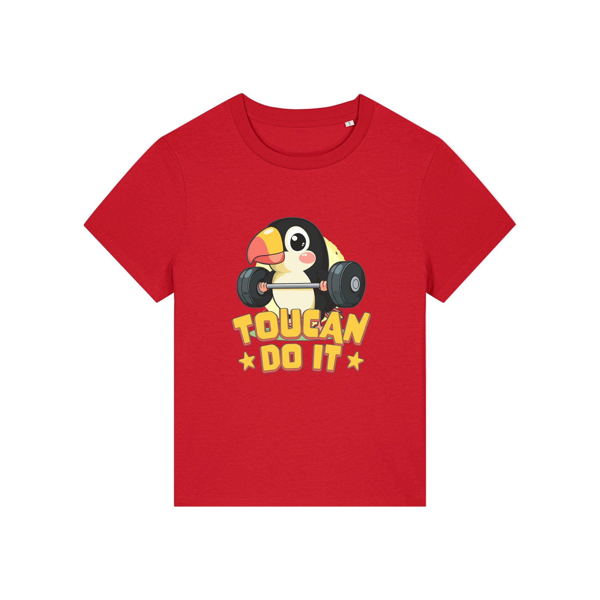 red kawaii t-shirt with the graphic of a toucan and the slogan 'toucan do it'