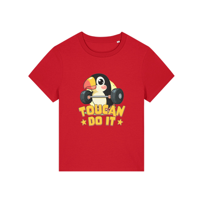 red kawaii t-shirt with the graphic of a toucan and the slogan 'toucan do it'