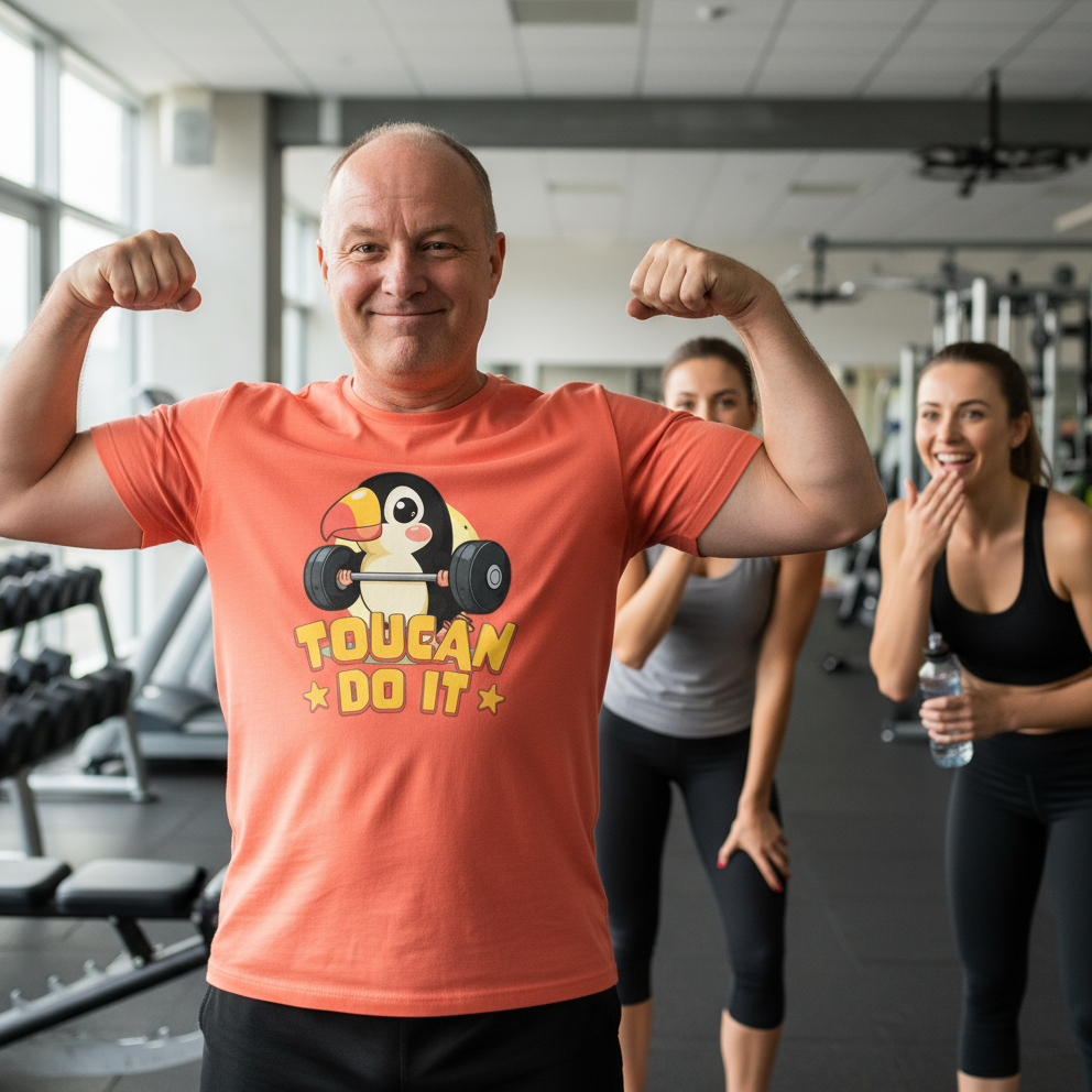 Man flexing muscles in a gym wearing an orange t-shirt with a penguin graphic and text.