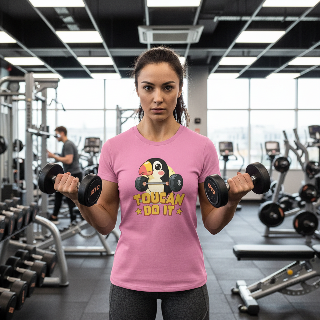 Woman in a gym wearing a pink t-shirt with a toucan graphic and 'Toucan Do It' text, holding dumbbells.