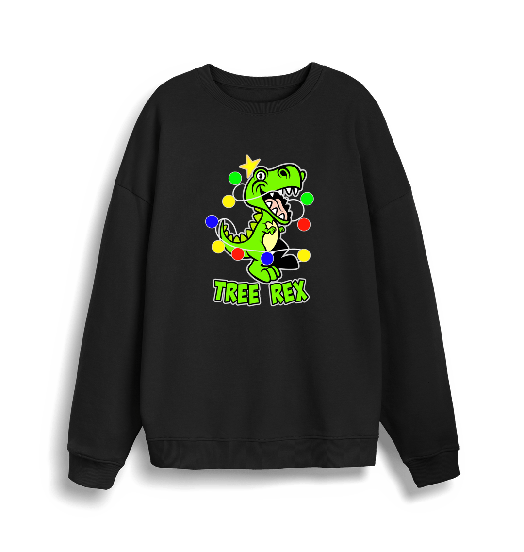 black christmas sweater with the graphic of a dinosaur and the slogan 'tree rex'
