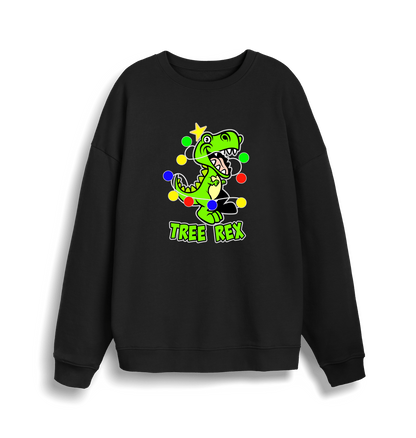 black christmas sweater with the graphic of a dinosaur and the slogan 'tree rex'