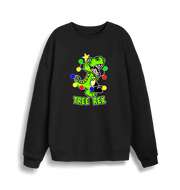 black christmas sweater with the graphic of a dinosaur and the slogan 'tree rex'