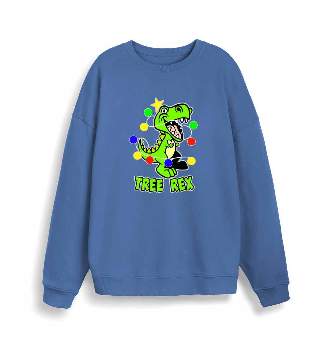 blue christmas sweater with the graphic of a dinosaur and the slogan 'tree rex'