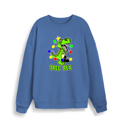 blue christmas sweater with the graphic of a dinosaur and the slogan 'tree rex'