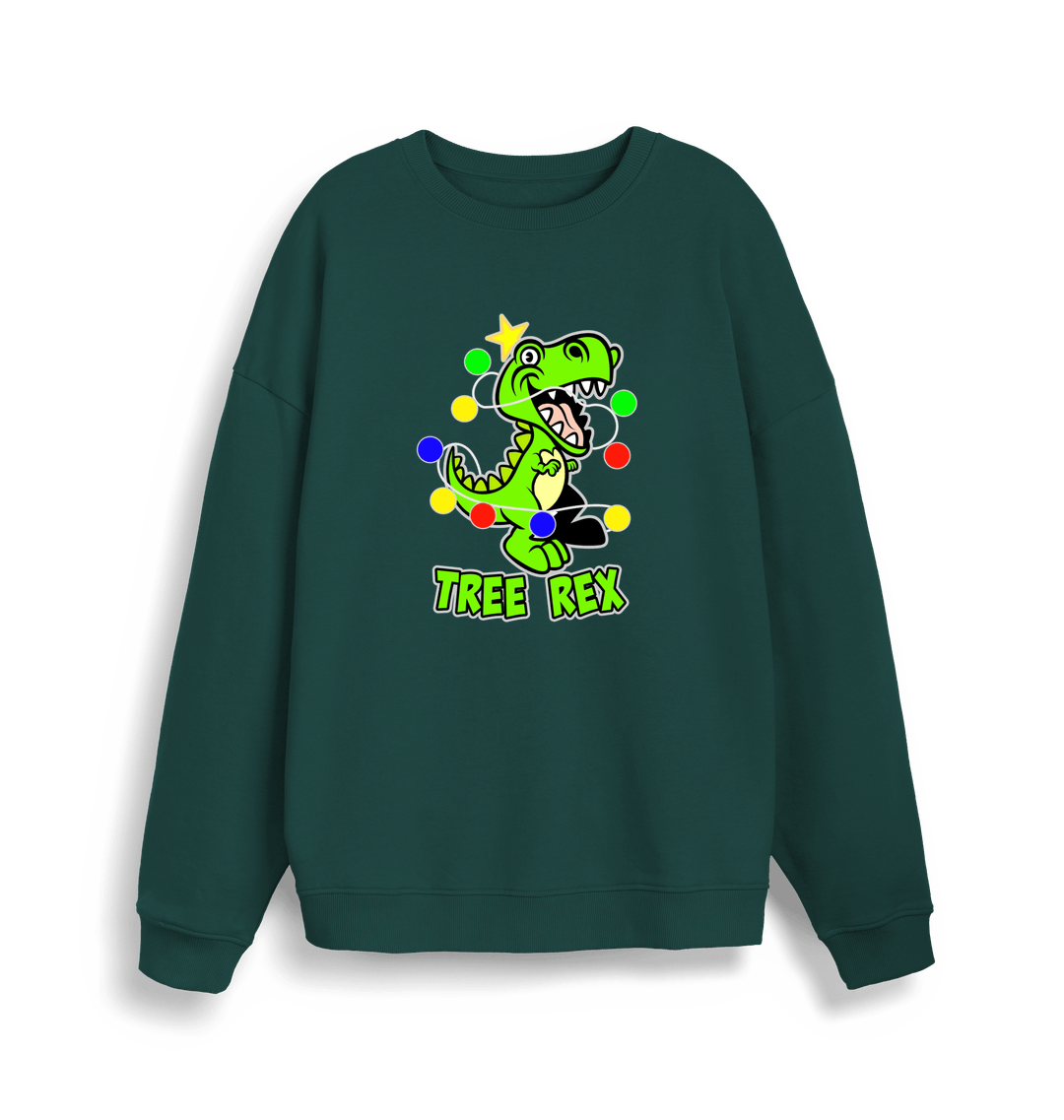 green christmas sweater with the graphic of a dinosaur and the slogan 'tree rex'