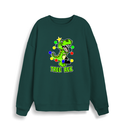 green christmas sweater with the graphic of a dinosaur and the slogan 'tree rex'