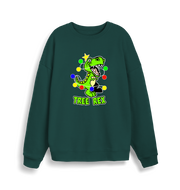green christmas sweater with the graphic of a dinosaur and the slogan 'tree rex'