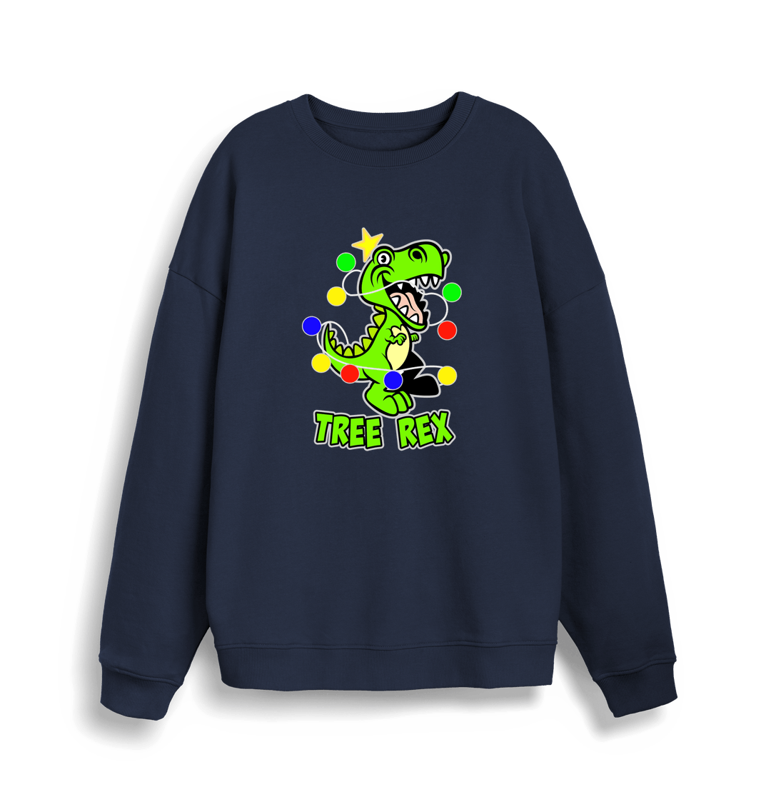 navy christmas sweater with the graphic of a dinosaur and the slogan 'tree rex'