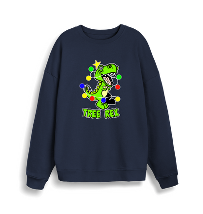 navy christmas sweater with the graphic of a dinosaur and the slogan 'tree rex'