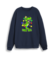 navy christmas sweater with the graphic of a dinosaur and the slogan 'tree rex'