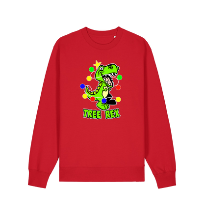 red christmas sweater with the graphic of a dinosaur and the slogan 'tree rex'