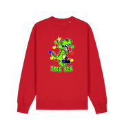 red christmas sweater with the graphic of a dinosaur and the slogan 'tree rex'