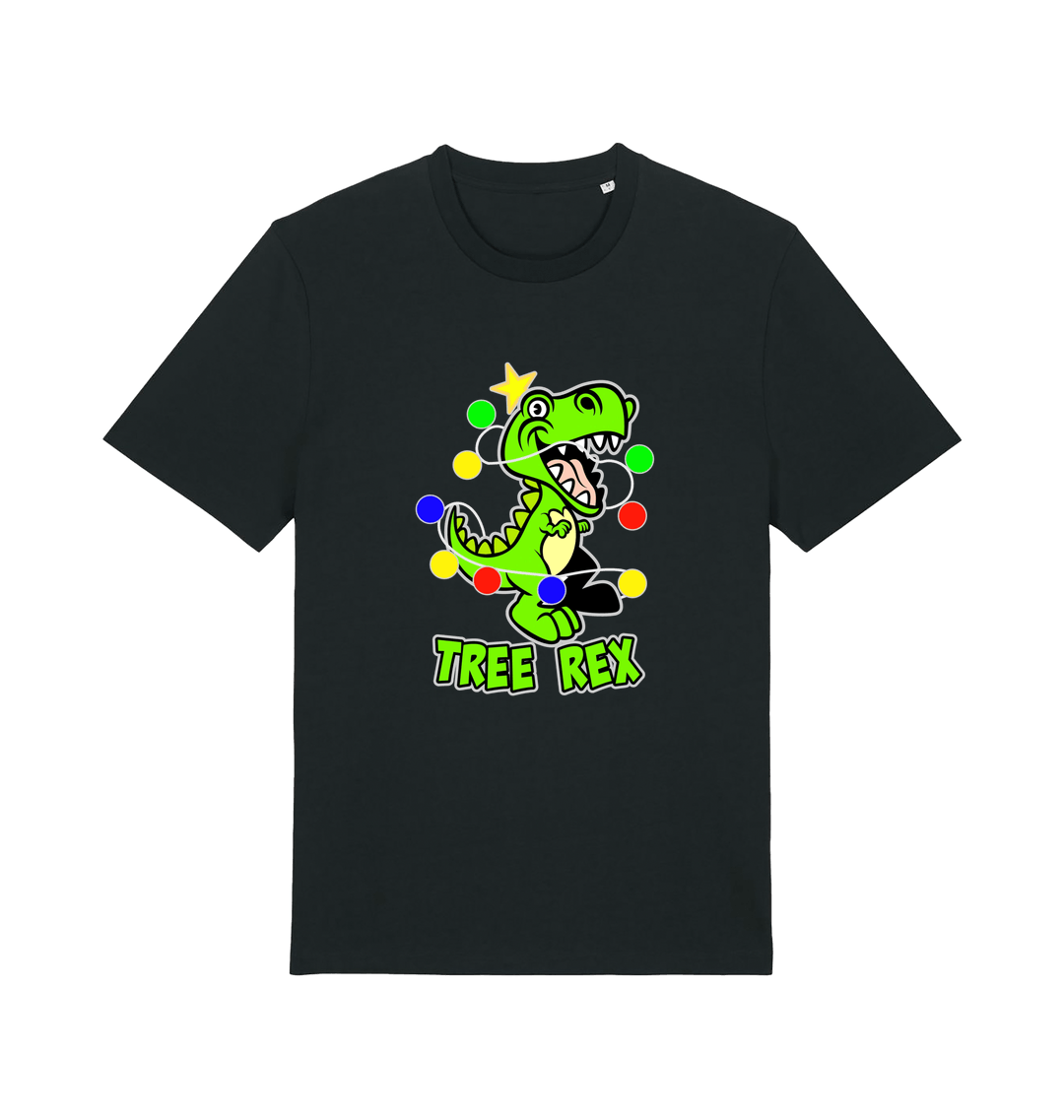 black christmas t-shirt with the graphic of a dinosaur wrapped in fairy lights and the slogan 'tree rex'