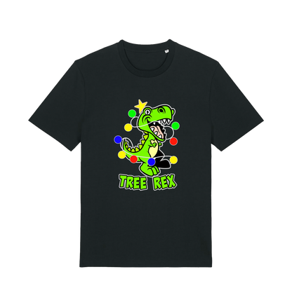 black christmas t-shirt with the graphic of a dinosaur wrapped in fairy lights and the slogan 'tree rex'