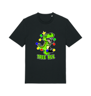 black christmas t-shirt with the graphic of a dinosaur wrapped in fairy lights and the slogan 'tree rex'