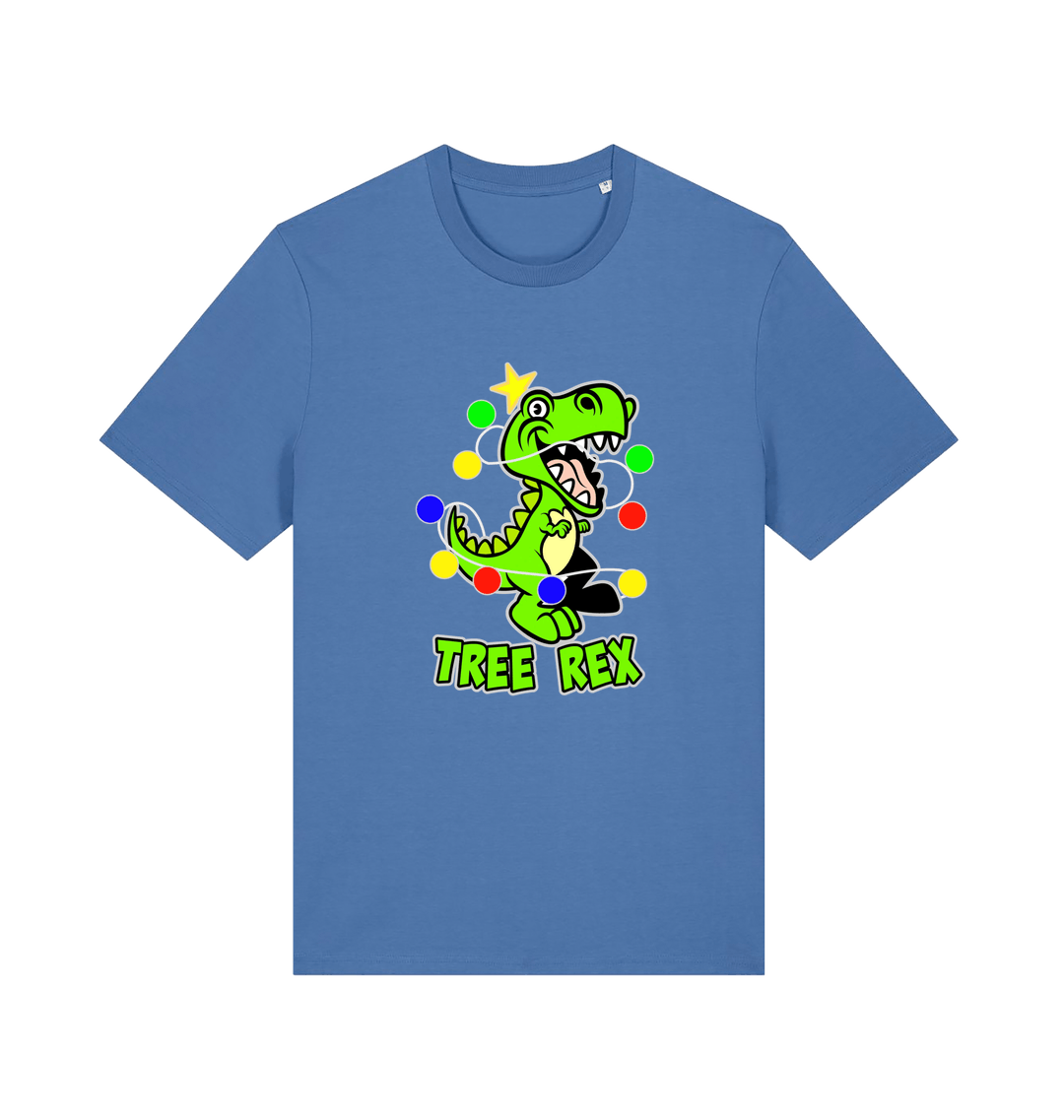 blue christmas t-shirt with the graphic of a dinosaur wrapped in fairy lights and the slogan 'tree rex'