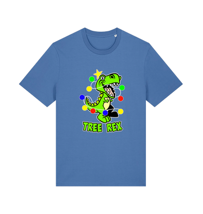 blue christmas t-shirt with the graphic of a dinosaur wrapped in fairy lights and the slogan 'tree rex'