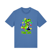 blue christmas t-shirt with the graphic of a dinosaur wrapped in fairy lights and the slogan 'tree rex'