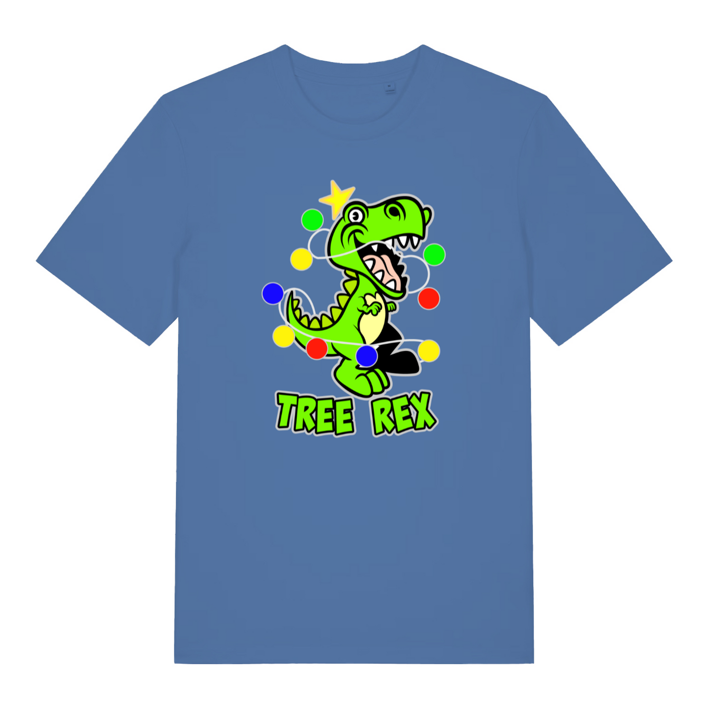 blue christmas t-shirt with the graphic of a t-rex wrapped up in fairy lights and the slogan 'tree rex'