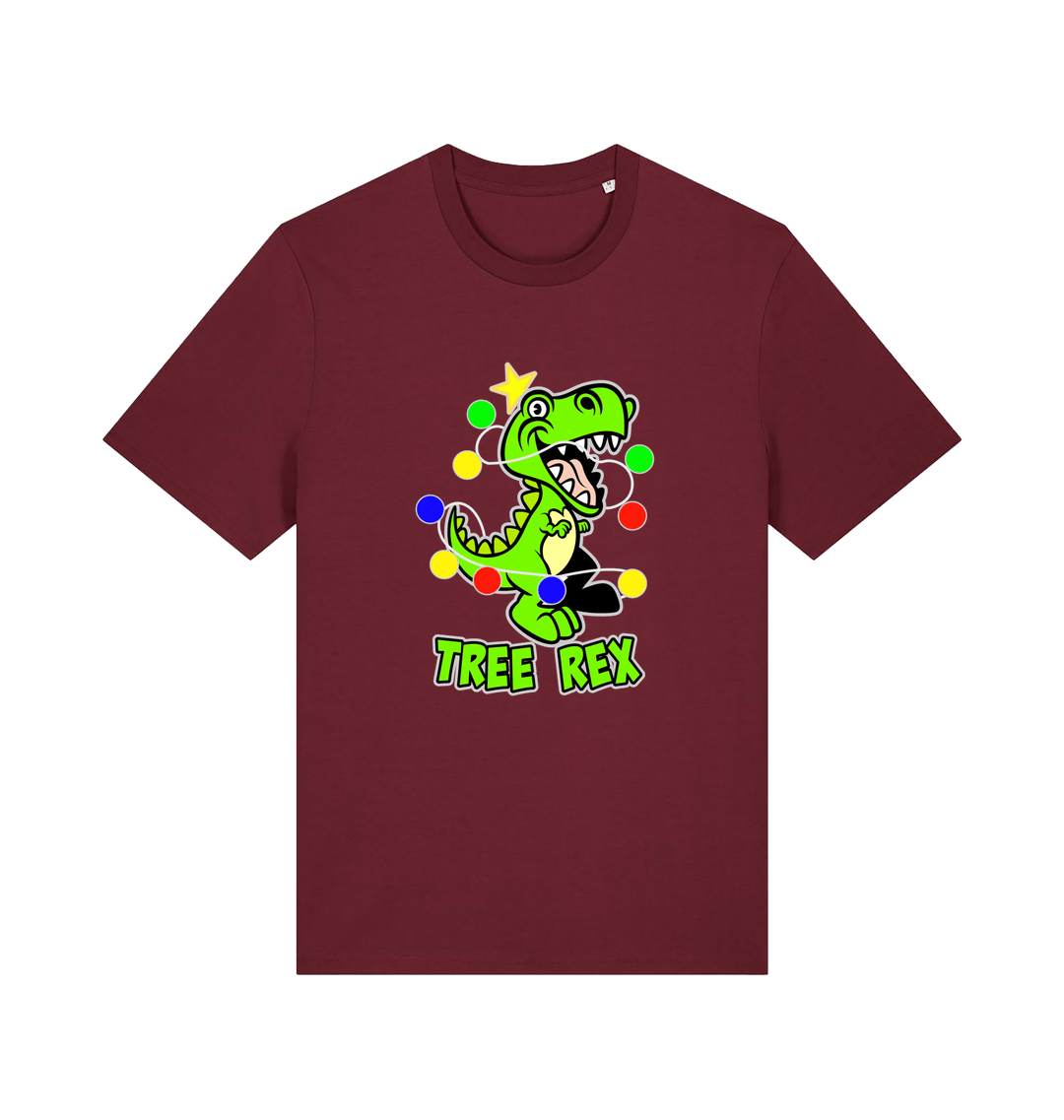 burgundy christmas t-shirt with the graphic of a dinosaur wrapped in fairy lights and the slogan 'tree rex'