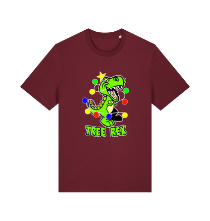 burgundy christmas t-shirt with the graphic of a dinosaur wrapped in fairy lights and the slogan 'tree rex'