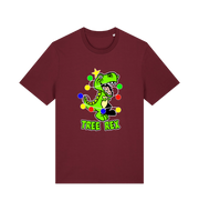 burgundy christmas t-shirt with the graphic of a dinosaur wrapped in fairy lights and the slogan 'tree rex'