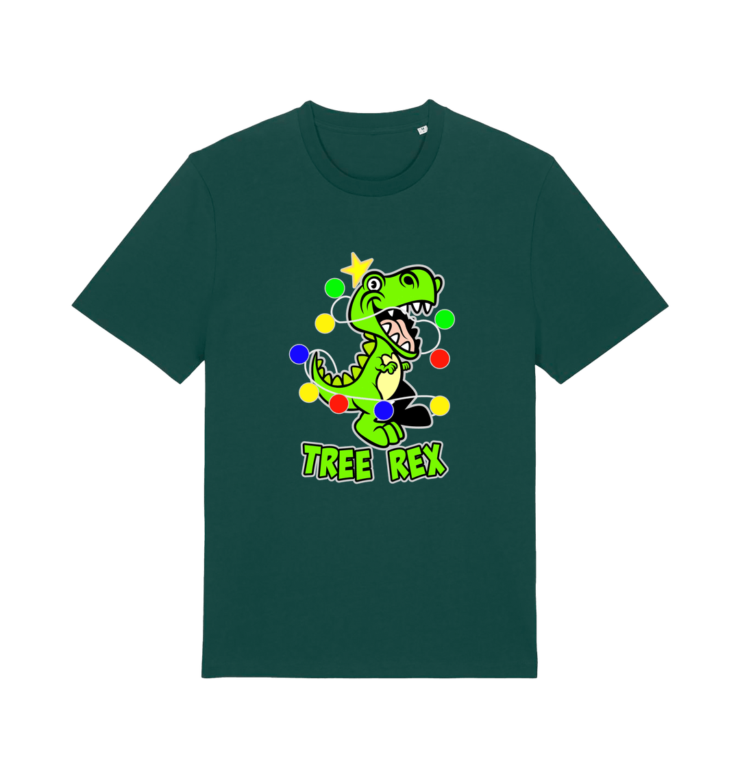 green christmas t-shirt with the graphic of a dinosaur wrapped in fairy lights and the slogan 'tree rex'