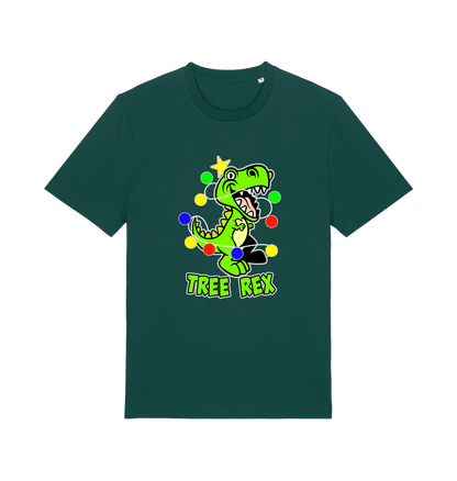 green christmas t-shirt with the graphic of a dinosaur wrapped in fairy lights and the slogan 'tree rex'