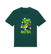 green christmas t-shirt with the graphic of a dinosaur wrapped in fairy lights and the slogan 'tree rex'