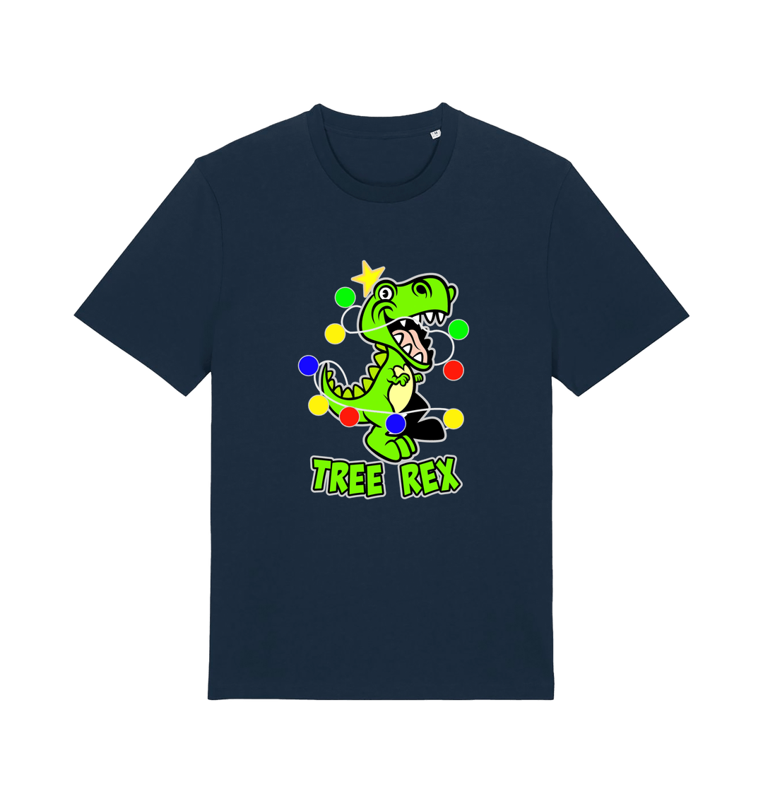 navy christmas t-shirt with the graphic of a dinosaur wrapped in fairy lights and the slogan 'tree rex'