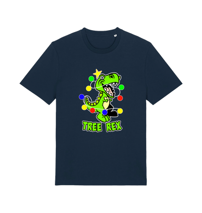 navy christmas t-shirt with the graphic of a dinosaur wrapped in fairy lights and the slogan 'tree rex'