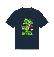 navy christmas t-shirt with the graphic of a dinosaur wrapped in fairy lights and the slogan 'tree rex'