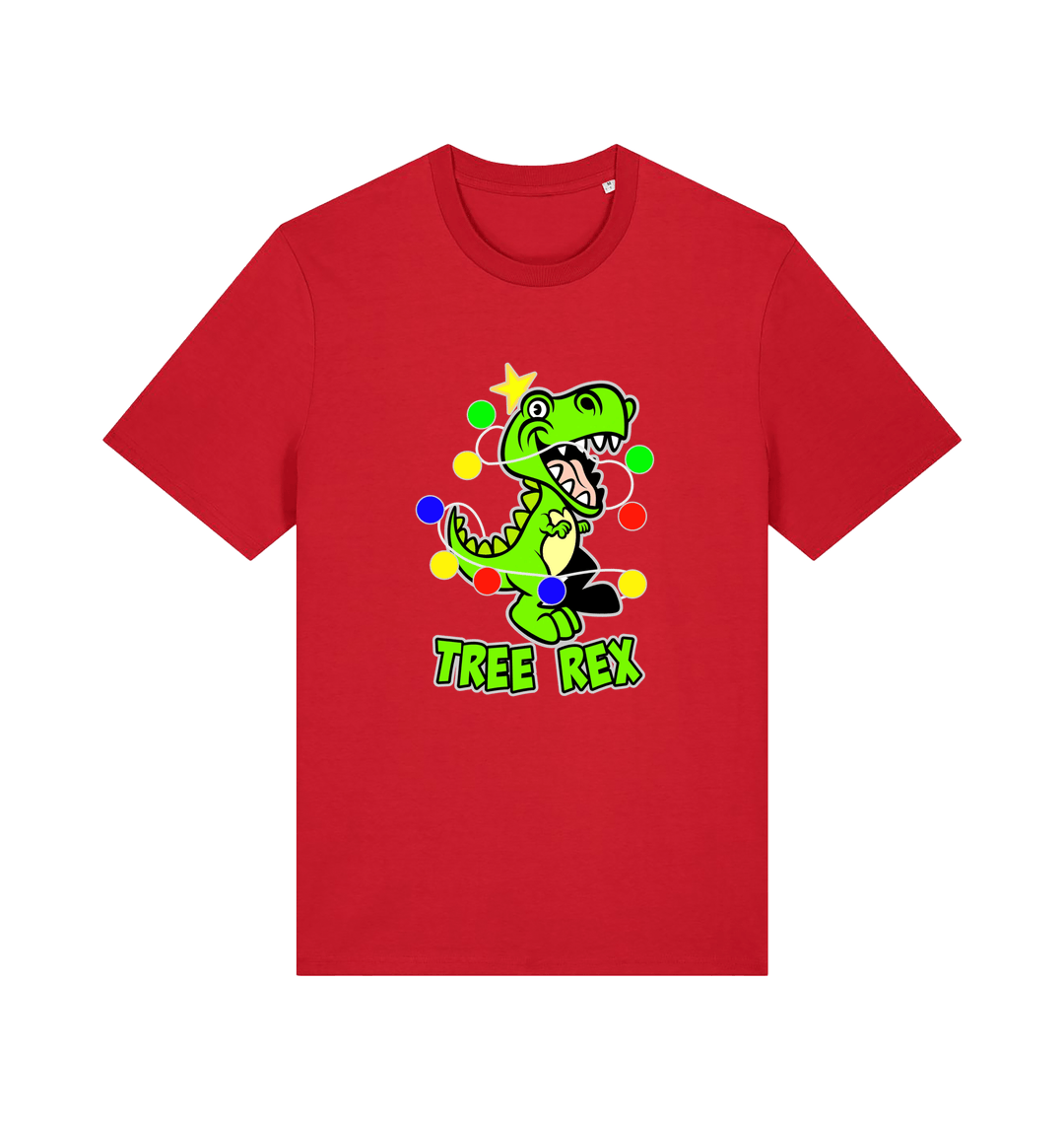 red christmas t-shirt with the graphic of a dinosaur wrapped in fairy lights and the slogan 'tree rex'